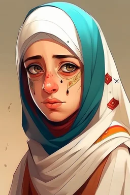 "Draw an Arab character, a girl wearing traditional Arab clothing, with an injured eye and another eye covered with a piece of cloth, indicating her royal lineage.