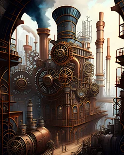 A highly detailed, steampunk-inspired illustration of an industrial factory, complete with elaborate gears, pipes, and machinery, juxtaposed against the backdrop of a Victorian cityscape, showcasing the fusion of old and new design elements.
