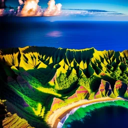 Nā Pali Coast Wilderness State Park, Hawaii,aerial view,cloudy,extremely detailed digital painting, high resolution,8k, realistic, beautiful, volumetric lighting, mystical colors ,perfectly centered image, perfect composition, rim light, beautiful lighting,masterpiece, stunning scene, raytracing, anatomically correct, in the style Van Gogh and robert e howard and Ken Kelley and Ohrai Noriyoshi and Simon Bisley and tomzj1.