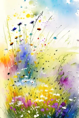 field of wildflowers, watercolor painting, ultrasharp, realistic colors, with some splatters