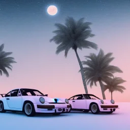 1980's aesthetic vaporwave palm trees with lighting with moon with porsche in the winter snow