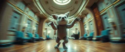 pin hole cam, knitted fluffy mean wolf alien gremlin badger star ship bridge captain dancing in a big hall in the style of Rembrandt and Escher and Dali, motion blur