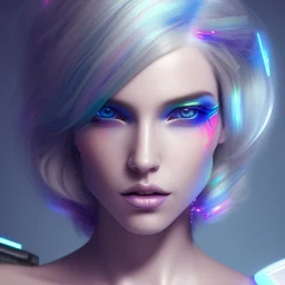 A beautiful portrait of a cute cyberpunk woman long blond hair, pink lips, blue eyes, high key lighting, volumetric light high details with luminous blue and white stripes and feathers