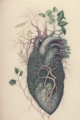 Drawing of a realistic heart where veins connect with creeper plant branches and flowers by salvador dali