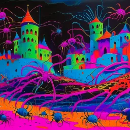 A neon purple citadel with crawling spiders painted by Wassily Kandinsky