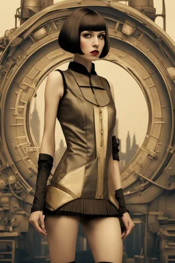 full body picture of a skinny woman with a bob, a fringe hairstyle, 1920s flapper clothing, futuristic steampunk city background