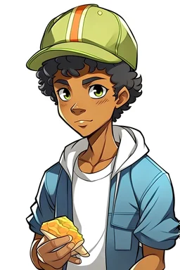 cute anime style african american guy with short curly hair on top of head, long oval face, holding baguette, wearing ash ketchum style cap