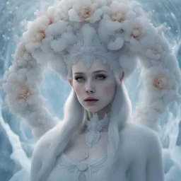 a close up of a woman with a wreath of flowers on her head, beautiful fractal ice background, photoreal, elves, style of ilya kushinov, tarot card the empress, snow and ice, hyperrrealistic bone structure, cgsociety - w 1 0 2 4 - n 8 - i, [[fantasy]], shot with Sony Alpha a9 Il and Sony FE 200-600mm f/5.6-6.3 G OSS lens, natural light, hyper realistic photograph, ultra detailed -ar 3:2 -q 2 -s 750