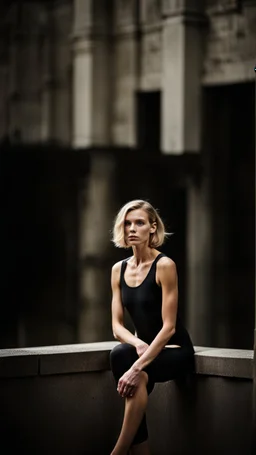 beautiful anorexic woman, total shot, short shiny black triathlon swimsuit, short blond wavy bob hair, blurred concrete background