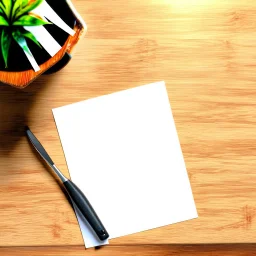 Art Studio Desk with a blank piece of papier, realistic art supplies, realistic drawing, top view, studio light, zoom out to see part of the desk. plant and cup of coffee for decoration.