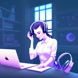 a side view of a beautiful girl sitting on her desktop writing something, headphones on, hand on her chin, nightlamp, digital art, anime, studio ghibli style, window and city background, portrait