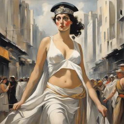 [Part of the series by Antonio Sant'Elia] In a bustling city, a woman resembling Athena emerges, exuding wisdom and strength.