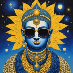 [art by Dorohedoro] A mysterious and majestic scaly Buddha, adorned with sunglasses, a large collar of wooden pearls, and blue snaky scales, lies contemplatively with his bald head in his hand. His yellow skin radiates an aura of ancient wisdom and cosmic connection, as the gleam of his sunglasses reflects the swirling stars and galaxies around him, hinting at his profound ties to nature and the universe.