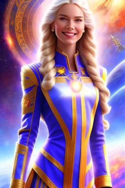 cosmic young woman admiral from the future, one fine whole face, large cosmic forehead, crystalline skin, expressive blue eyes, blue hair, smiling lips, very nice smile, costume pleiadian, rainbow ufo, Beautiful tall woman pleiadian Galactic commander, ship, perfect datailed golden galactic suit, high rank, long blond hair