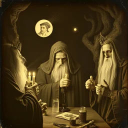 Daguerrotype close up some mysterious figures, odd background, alchemists, ritual, Hieronymus Bosch Max Ernst ambient light, by Minicavio Quollati and Marlost Endgulp, Amano, Botticelli, Alphonse Mucha