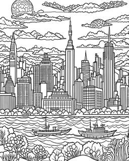 New York City view in the sea coloring page, full body (((((white background))))), only use an outline., real style, line art, white color, clean line art, white background, Sketch style.