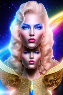 Beautiful tall woman Pleiadian galactic commander, ship, perfect detailed face, detailed golden galactic suit, high rank, long blond hair, hand with five perfect detailed fingers, amazing big blue eyes, smiling mouth, high definition lips, cosmic happiness, bright colours, blue, pink, gold, jewels, realistic, real photo, bright and sunny background, very detailed, high contrast, high definition 8k, pixel 512X512, unreal engine 5, extremely sharp details, light effect, br