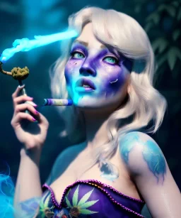 Ultra realistic wonderland photo, happy blonde woman smoking a shisha, perfect iris, glow eyes, blue dress, big purple-cat friend, circus dress style, old school tattoo, smoke, marijuana garden, glow eyes, perfect iris, soft color, highly detailed, unreal engine 5, cinematic, ultra detail, volumetric lighting, high definition.