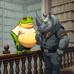 close up anime illustration very fat yellow and green color big anthropomorphic frog in simple t-shirt and pants stands and elbowing on an old wooden railing next to each other and talking with a strong gray anthropomorphic rhinoceros without horns in modern security guard clothes, they talking and elbowing on an old wooden railing next to each other, in background a bibliothek with tall book shelves, detailed sci-fi, fantasy mood