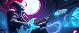 illithid high priest squid guitar acoustic banger, instrumental, celtic, georgian, gypsy jazz, back on track portrait of space captain gnome lich, , priest psycho, in cockpit, celtic knot hollow tube transparent core ornate indented space ship, shiny bright mega ship flourescent white blue like bubble gum with a few big windows and decks, interdimensional twister, rock against colored spaced fog, space interior. split tail, winged serpent, glowing aura