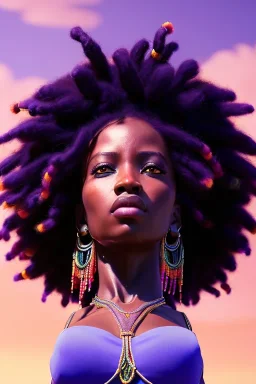 African female warrior, dreadlocks, colorful beads in hair, ominous, dnd character portrait, waist up portrait, intricate, oil on canvas, masterpiece, expert, insanely detailed, 4k resolution, retroanime style, cute big circular reflective eyes, cinematic smooth, intricate detail , soft smooth lighting, vibrant colors, hokusai style arm sleeve tatoo