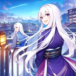 girl, masterpiece, best quality, volumetric lighting, detailed outfit, perfect eyes, long hair, white hair, purple eyes, rooftop, town, shooting star obi, looking back, laughing,