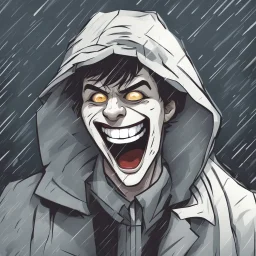 a closeup of a psychopathic young man with white eyes in a heavy coat during a rainstorm laughing cartoon