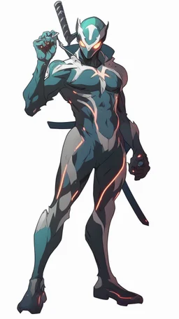 Mix between genji and venom symbiote in solo leveling shadow style with neon glowing blue
