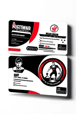 business card layout for a gym instructor, red and black, vector art, white background with email, address and Instagram icons