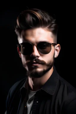 Close up portrait of a handsome confident stylish hipster man on a dark solid background wearing sunglasses