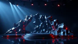 a 3d fractal stage structre made of metallic dark color 3d structures, pertty artistc background,dynamic lights