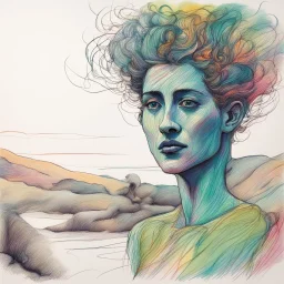 o schita grafica in penita cu tus color , cu linii si hasuri subtiri cu variatii impresioniste cu o culoare tare ,reprezentand o imagine de paranormal a unei compozitii impresioniste cu pastel landskape in stil Jean Cocteau si in stil minimal art