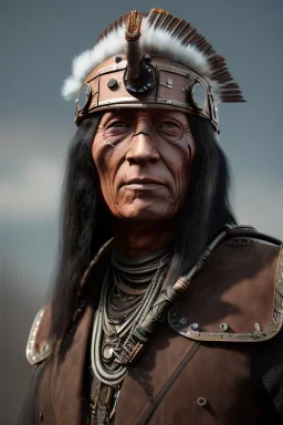 steampunk , brutal native american chief ,apocalypse set , dark sorrow,