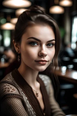 a young and beautiful girl in her early 20's with an amative appeal sitting in a cafe, posing for camera, make up, fashionable, glamorous, ravishing beauty, very cute face, detailed and intricate persona, shot with Canon EOS 5D Mark IV, detailed face, detailed hair