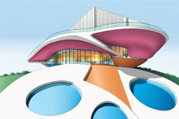 Architectural drawing of a Neofuturistic art museum, (((isometry))), ultra quality, people, treets, forma above