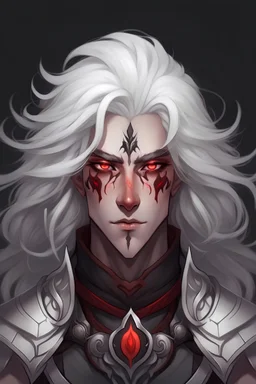 pixeled male character with long curly white hair, red eyes and gray skin