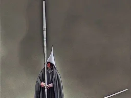 Tall Wizard, dark broody, long staff in hand, grey cloak