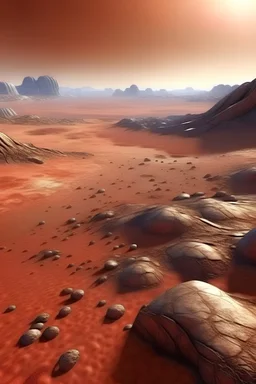 Imagen desde arriba de cerca de la superficie de un planeta desconocido, se puede apreciar el paisaje desértico color rojo, clima seco, con algunas elevaciones rocosas y lagos humeantes, entre rocas grandes dinosaurios y vegetación parecida a la que hay en los desiertos en el planeta tierra