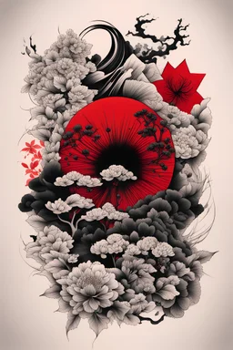 Create a captivating modern 2d black and red ink tattoo design for print , prestigious botanic using the elegant influences of japan art style, for print, dynamic elements from fashion and design, and bold Japanese contemporary art aesthetics, framing centered in the center, distanced from the edges of the paper perimeter,