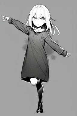 angry blonde girl, pose, full body, greyscale