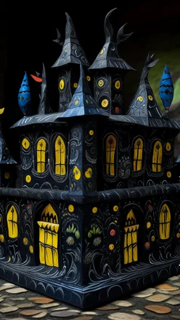A black vampire castle in space designed in Oaxacan alebrijes painted by Vincent van Gogh