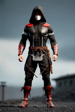 muscular ninja assassin, athletic build, wearing black and red baggy pants with pockets, dark hood and balaclava mask, tan skin, big boots, dark hazel eyes, eyes are both in proportion and green, 3/4 look, short brown hair, large arms and hands, standing, dark cobblestone alley, one halo white light behind head, non photorealistic rendering in the art style of j.scott campbell