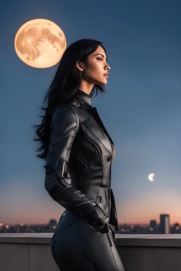 Photo Of A slim Woman With Black Hair, Wearing an android-looking suit, standing sideways On a ledge of a building, with a waning moon Behind Her Head, sunset