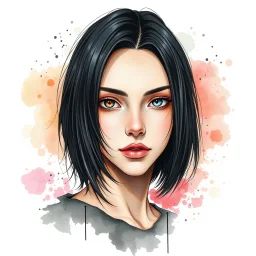 a headshot of an androgynous person with shoulder length black hair and heterochronic eyes, intricately detailed, watercolor splash art