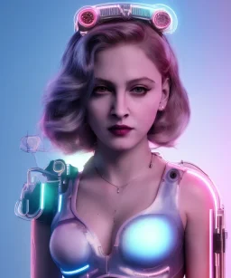 Artist, young madonna, cyber crown, android woman, sweet, blonde, white skin, long eyeliner, purpurin, glossy lips, make-up, color leds lights, cables, short hair, circuits, cyberpunk, latex coat, cyberpunk, neon, portrait, studio photo, unreal engine 5, soft color, 16 bit, god lights, ray tracing, RTX, lumen lighting, ultra deatail, volumetric lighting, 3d, finely drawn, hd.