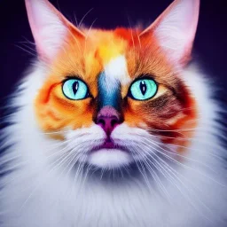 fluffy patched multicolored cat portrait in extremely dramatic light, cartoony style and beautiful big eyes