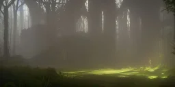 Ruined overgrown castle deep in a misty forest, light rays, dynamic lighting