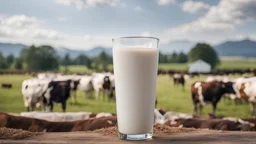 Closeup shot of a glass of milk on a dairy farm with cattle grazing in the background