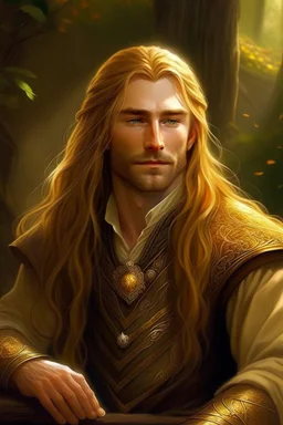 A young serene Lord Of The Rings like man with long golden hair that cascades gracefully, and a short beard. His calm eyes, with blind pupils, reflect a depth of wisdom and inner peace. A gentle smile graces his face, adding warmth to his tranquil demeanor.