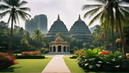 1997. Malaysian cityscape, urban, tropical gardens, palm trees, tropical flowers, Hindu temple, sunlight, calm beauty, splendour, uplifting, inspiring, gentle, rule of thirds, therapeutic, spiritual, chiaroscuro, colour, award-winning colour photograph, Nikon 85mm